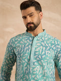 Men Teal Viscose Rayon Solid Printed Straight Kurta-MKU1655