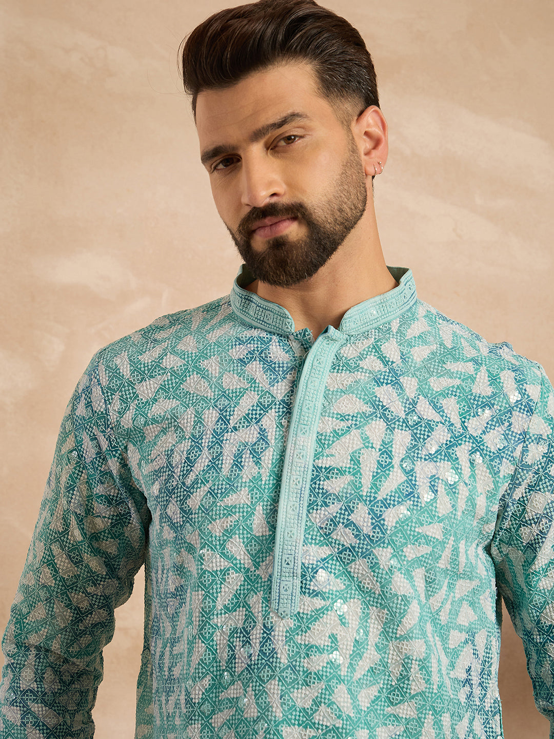 Men Teal Viscose Rayon Solid Printed Straight Kurta-MKU1655