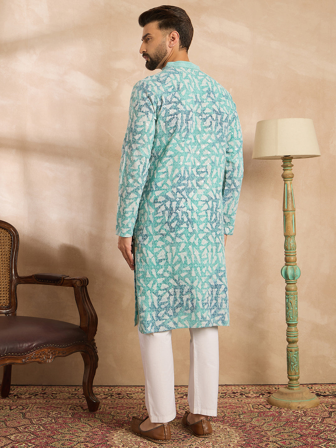 Men Teal Viscose Rayon Solid Printed Straight Kurta-MKU1655