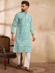 Men Teal Viscose Rayon Solid Printed Straight Kurta-MKU1655
