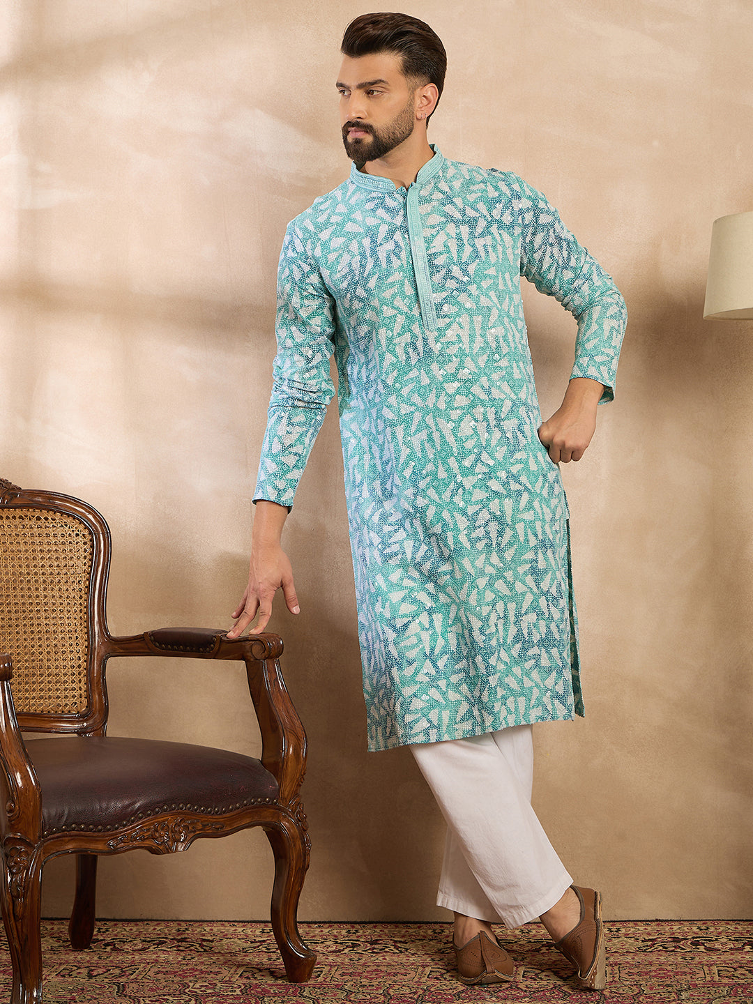 Men Teal Viscose Rayon Solid Printed Straight Kurta-MKU1655