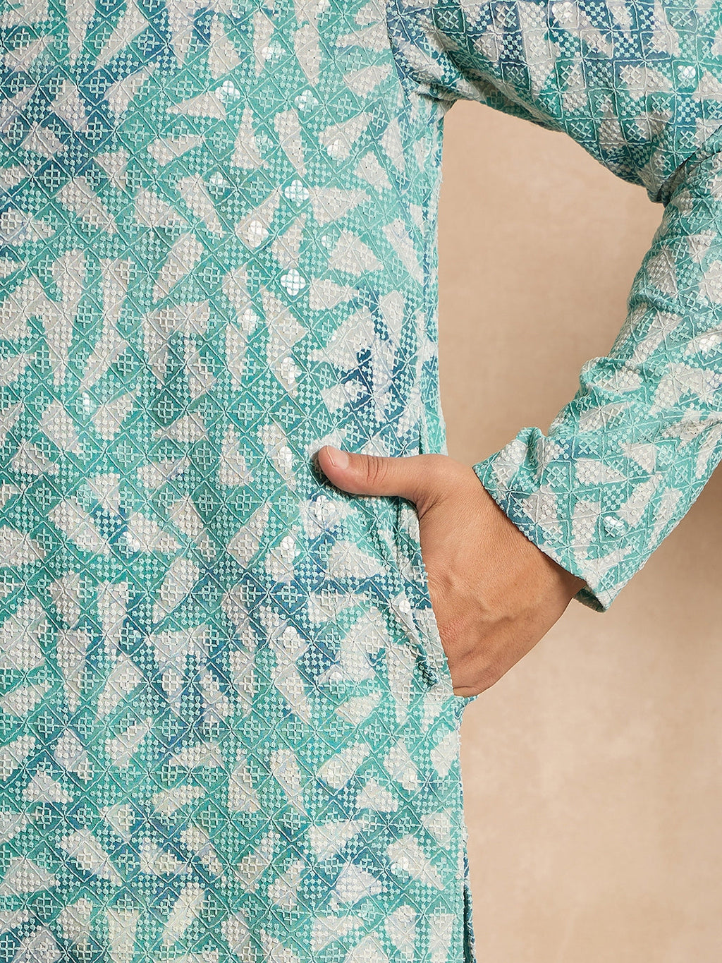 Men Teal Viscose Rayon Solid Printed Straight Kurta-MKU1655