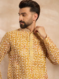 Men Yellow Viscose Rayon Batik Embroidered Straight Kurta-MKU1656