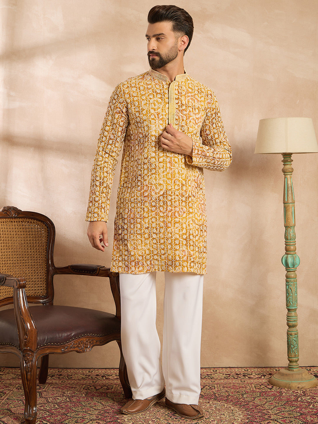 Men Yellow Viscose Rayon Batik Embroidered Straight Kurta-MKU1656