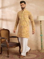 Men Yellow Viscose Rayon Batik Embroidered Straight Kurta-MKU1656