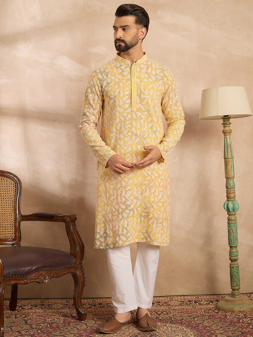 Men Yellow Viscose Rayon Solid Printed Straight Kurta-MKU1657