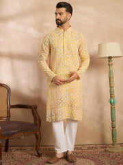 Men Yellow Viscose Rayon Solid Printed Straight Kurta-MKU1657
