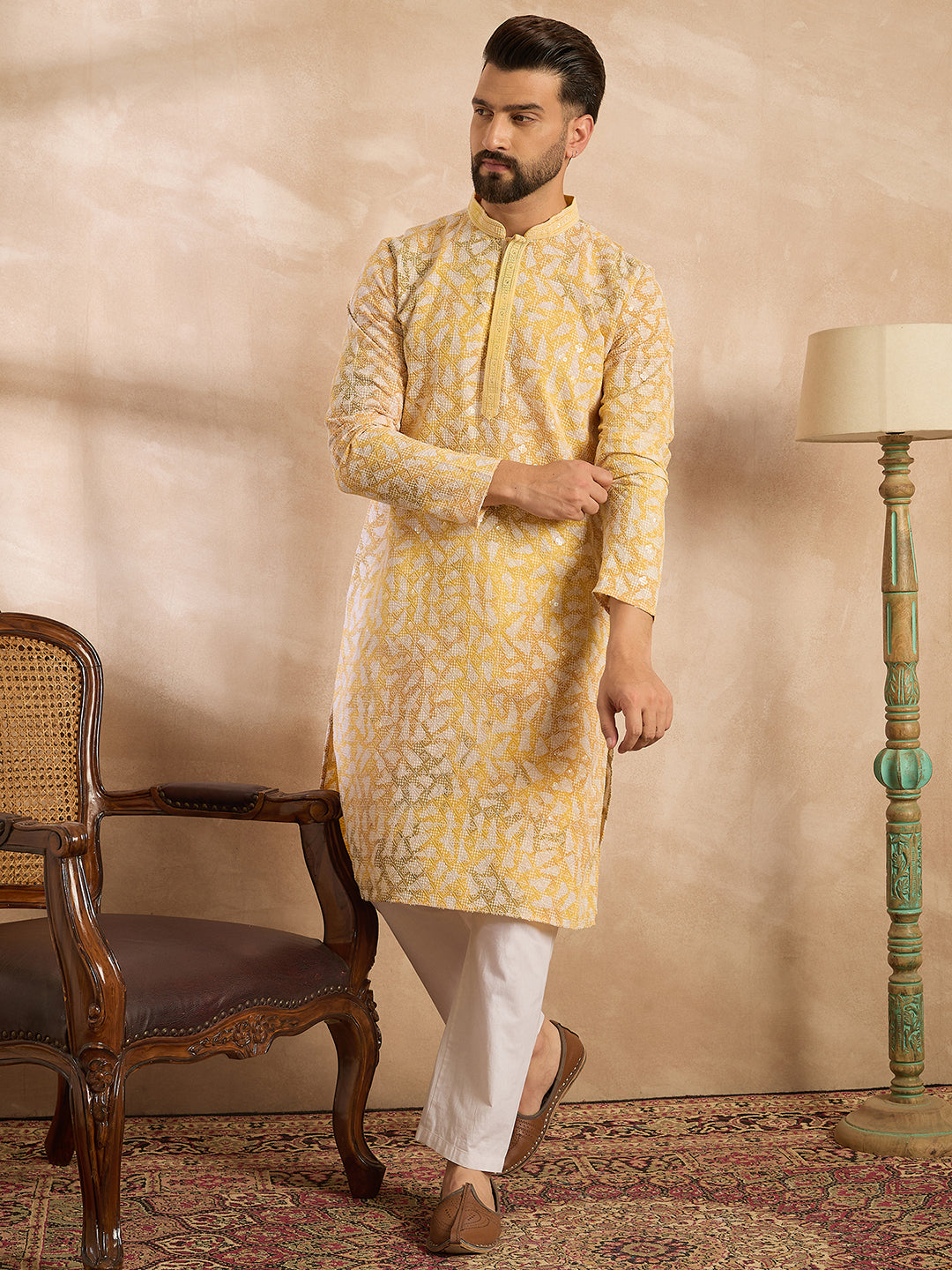 Men Yellow Viscose Rayon Solid Printed Straight Kurta-MKU1657