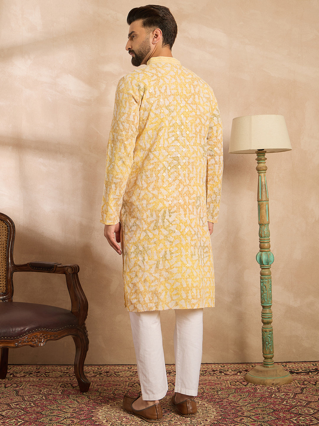 Men Yellow Viscose Rayon Solid Printed Straight Kurta-MKU1657