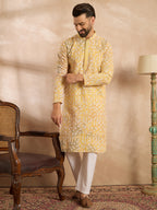 Men Yellow Viscose Rayon Solid Printed Straight Kurta-MKU1657
