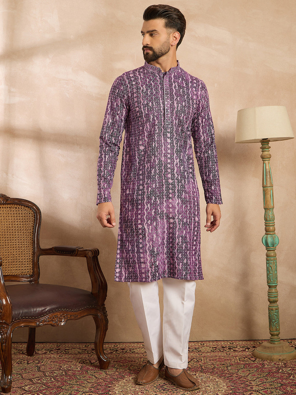 Men Purple Viscose Rayon Solid Printed Straight Kurta-MKU1658