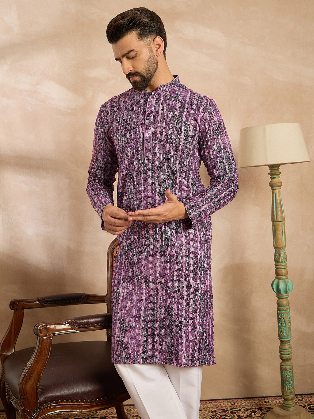 Men Purple Viscose Rayon Solid Printed Straight Kurta-MKU1658
