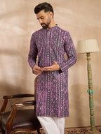 Men Purple Viscose Rayon Solid Printed Straight Kurta-MKU1658