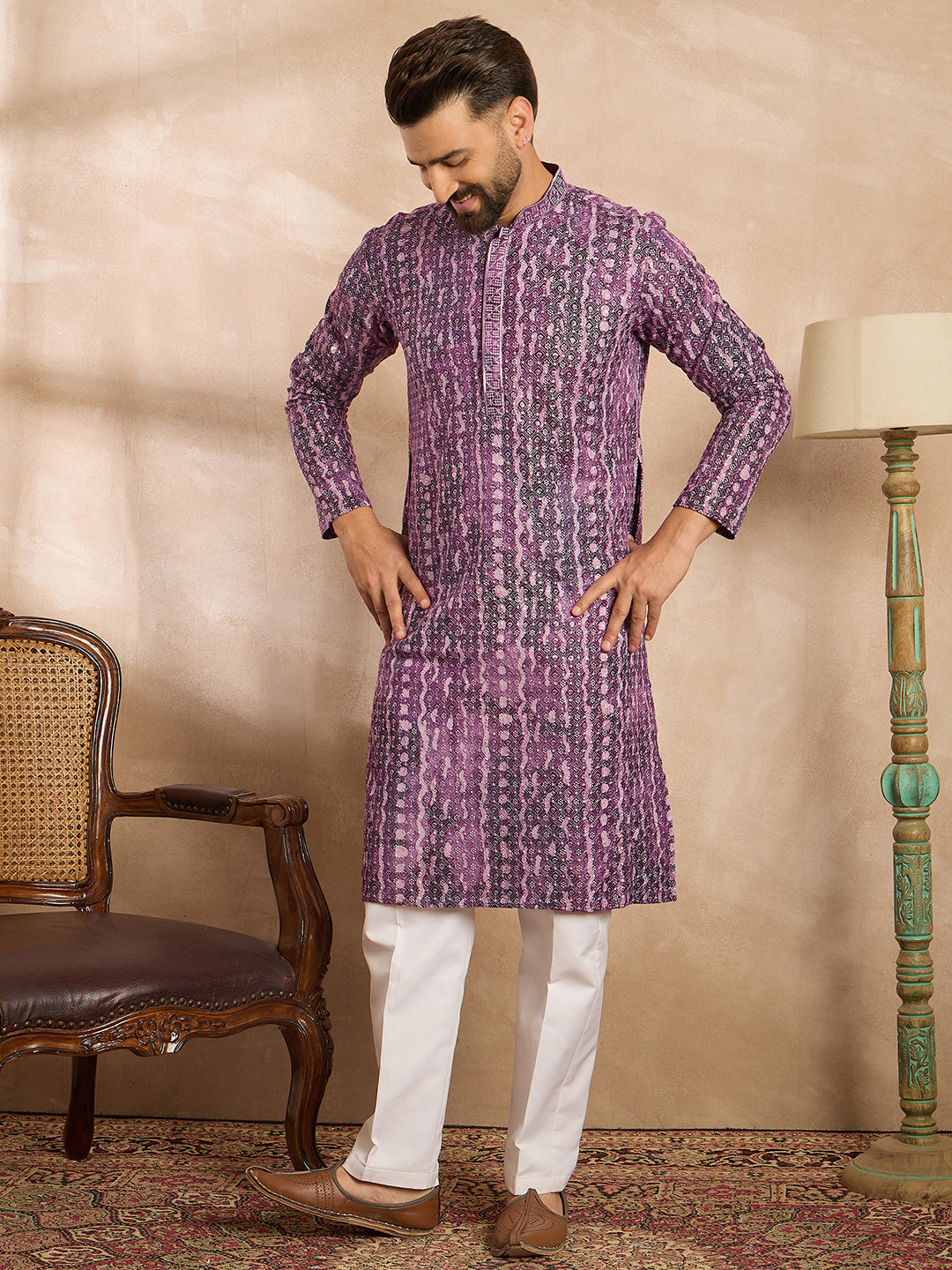 Men Purple Viscose Rayon Solid Printed Straight Kurta-MKU1658