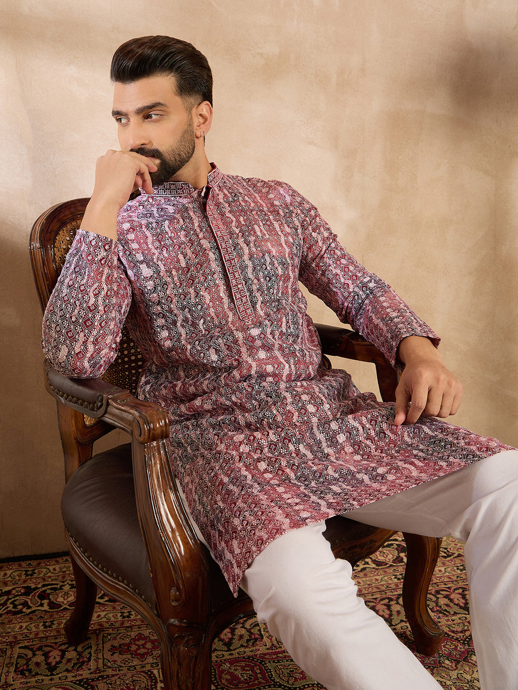 Men Brown Viscose Rayon Solid Printed Straight Kurta-MKU1660