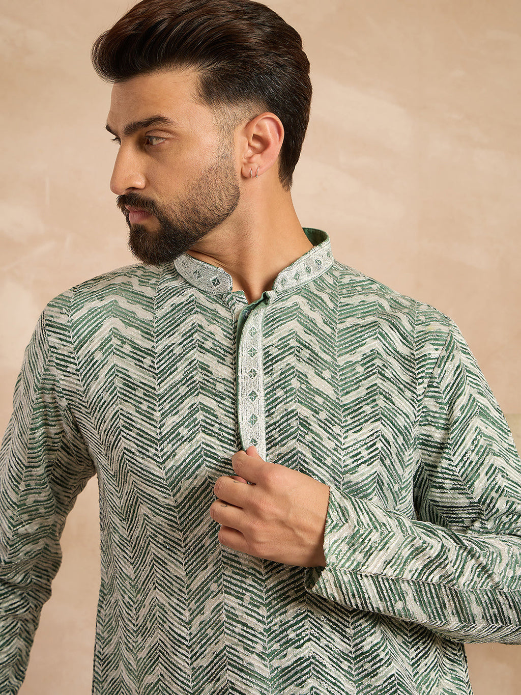 Men Green Silk Blend Solid Embroidered Straight Kurta-MKU1664