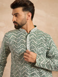 Men Green Silk Blend Solid Embroidered Straight Kurta-MKU1664