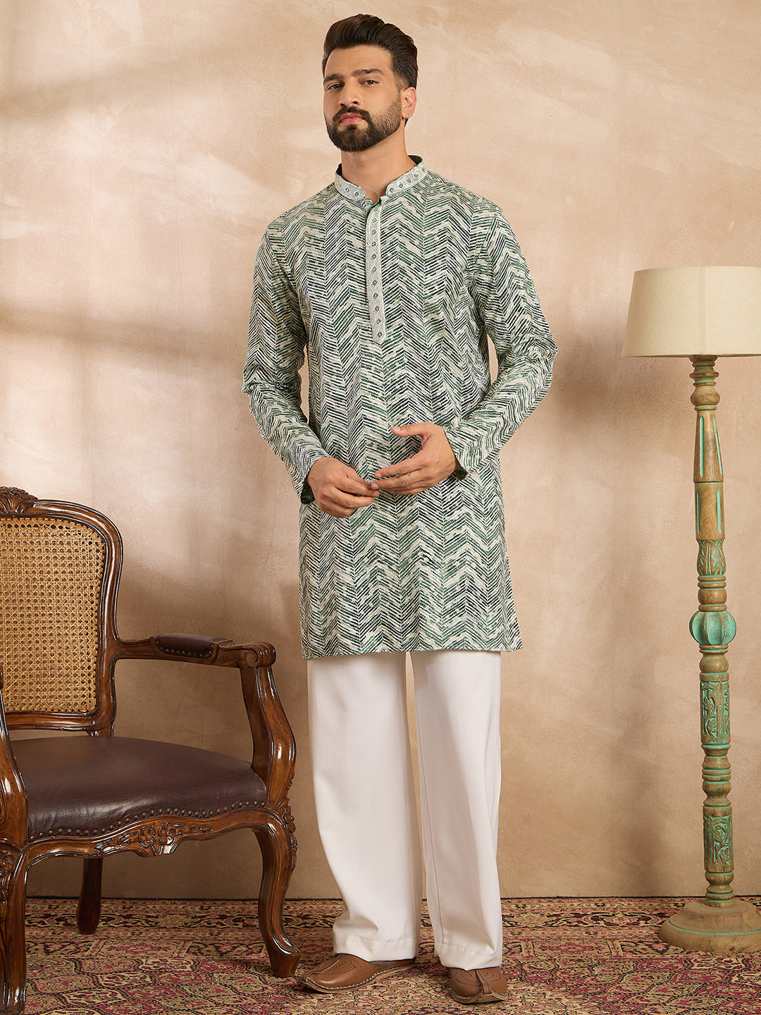 Men Green Silk Blend Solid Embroidered Straight Kurta-MKU1664