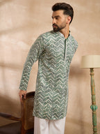 Men Green Silk Blend Solid Embroidered Straight Kurta-MKU1664