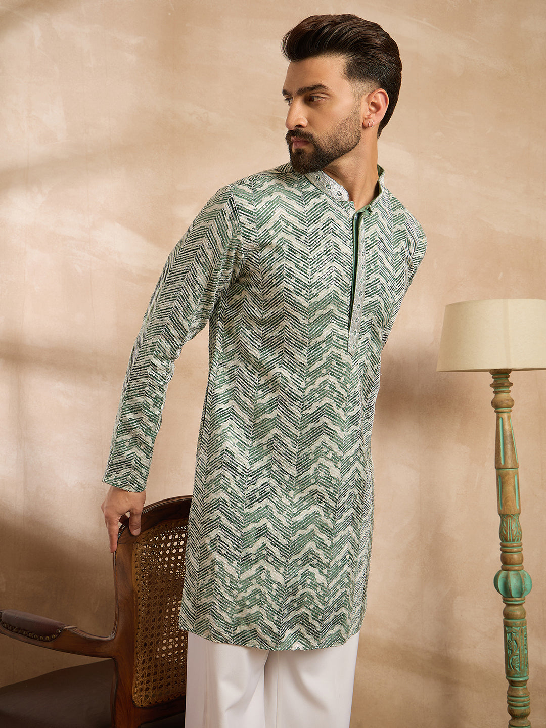 Men Green Silk Blend Solid Embroidered Straight Kurta-MKU1664