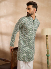 Men Green Silk Blend Solid Embroidered Straight Kurta-MKU1664
