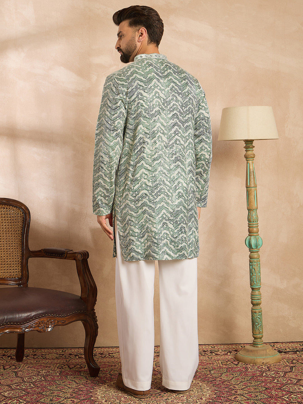 Men Green Silk Blend Solid Embroidered Straight Kurta-MKU1664