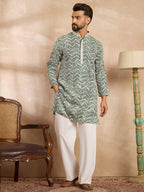 Men Green Silk Blend Solid Embroidered Straight Kurta-MKU1664