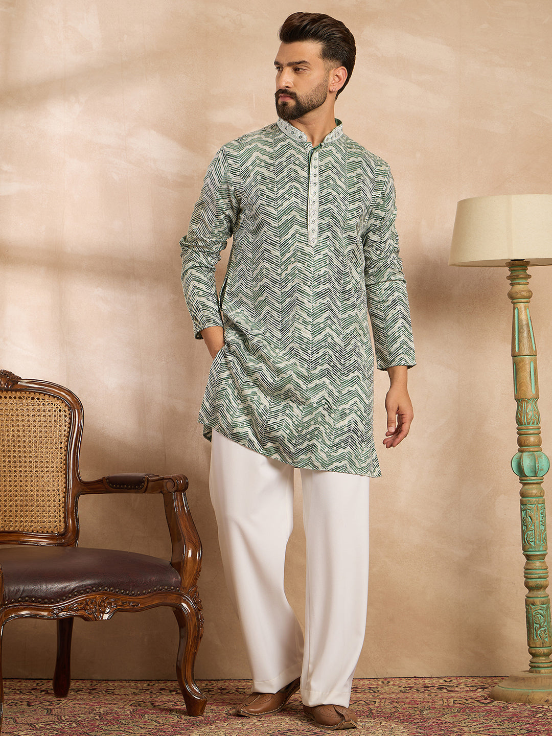 Men Green Silk Blend Solid Embroidered Straight Kurta-MKU1664