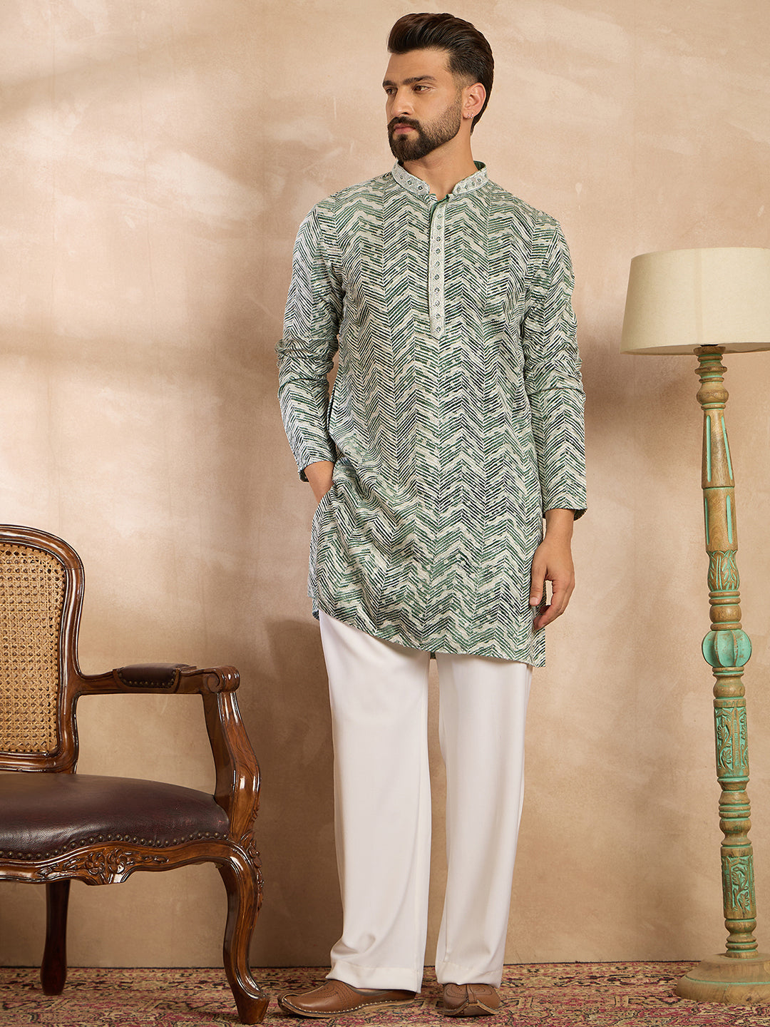 Men Green Silk Blend Solid Embroidered Straight Kurta-MKU1664