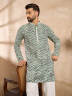 Men Green Silk Blend Solid Embroidered Straight Kurta-MKU1664