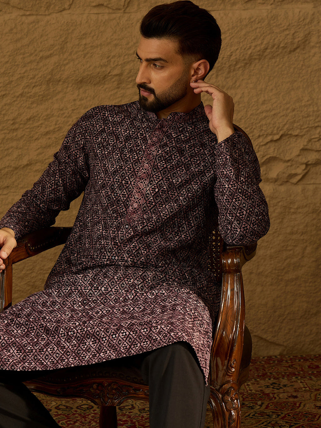 Men Black Viscose Rayon Solid Embroidered Straight Kurta-MKU1665