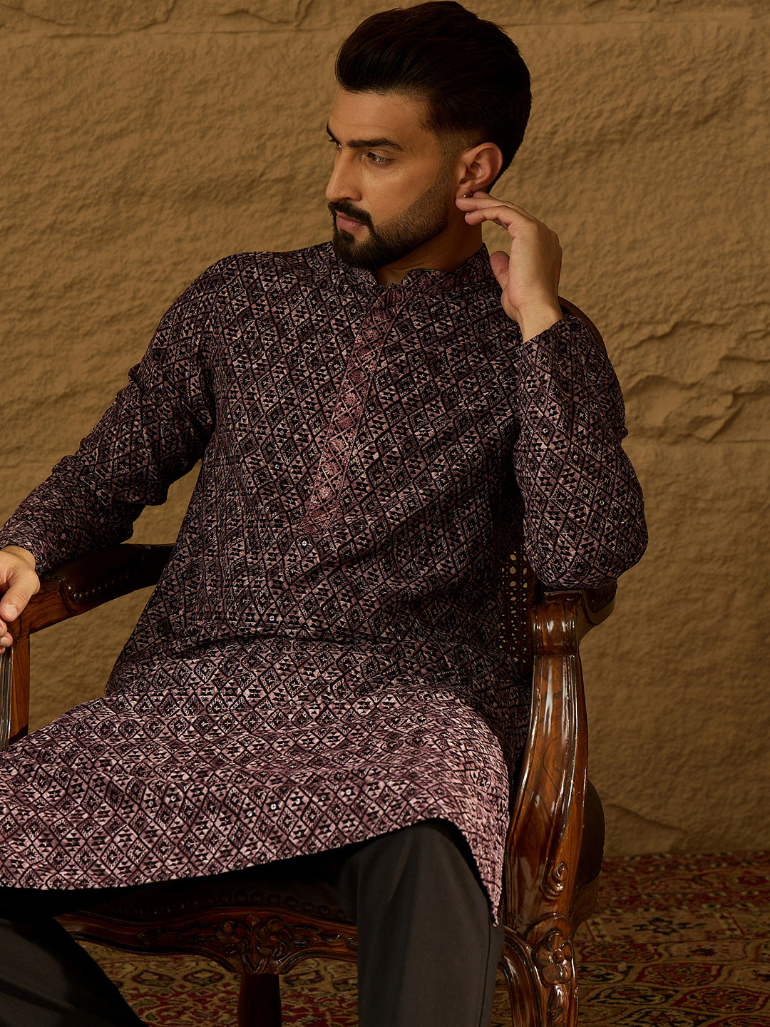 Men Black Viscose Rayon Solid Embroidered Straight Kurta-MKU1665