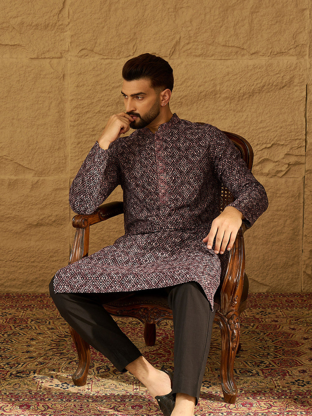 Men Black Viscose Rayon Solid Embroidered Straight Kurta-MKU1665