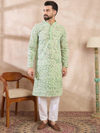 Men Green Viscose Rayon Ethnic Motifs Embroidered Straight Kurta-MKU1672