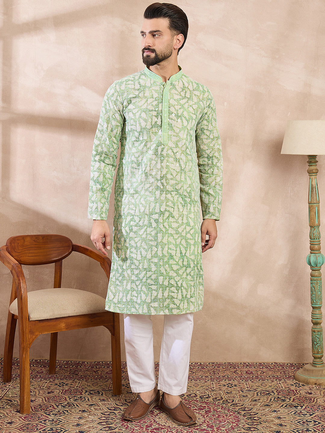 Men Green Viscose Rayon Ethnic Motifs Embroidered Straight Kurta-MKU1672