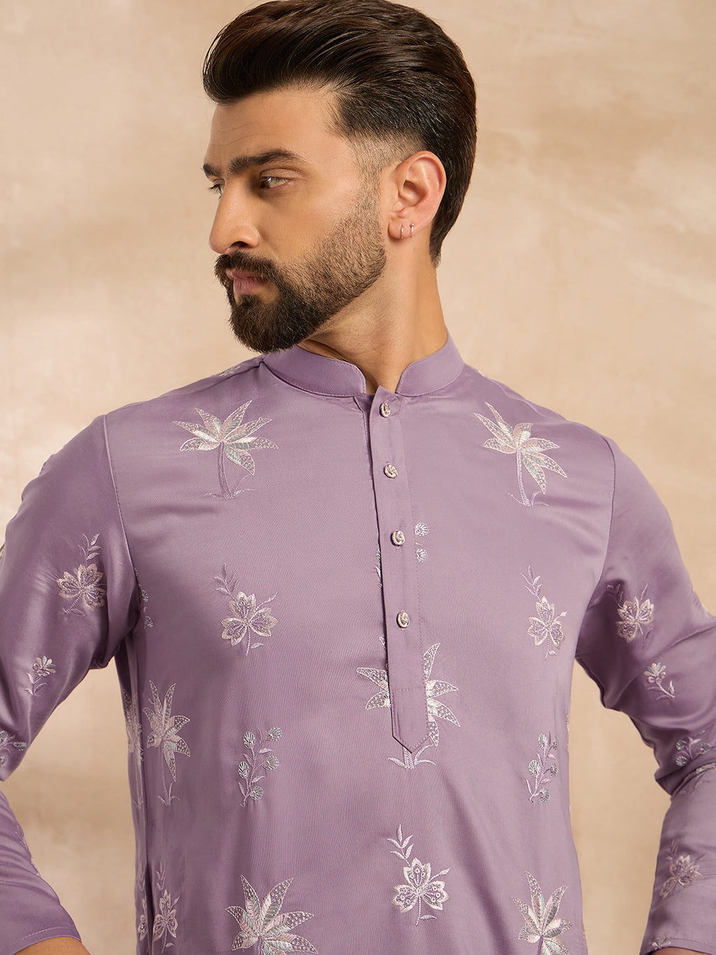 Men Lavender Silk Blend Solid Embroidered Straight Kurta-MKU1674