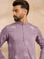 Men Lavender Silk Blend Solid Embroidered Straight Kurta-MKU1674