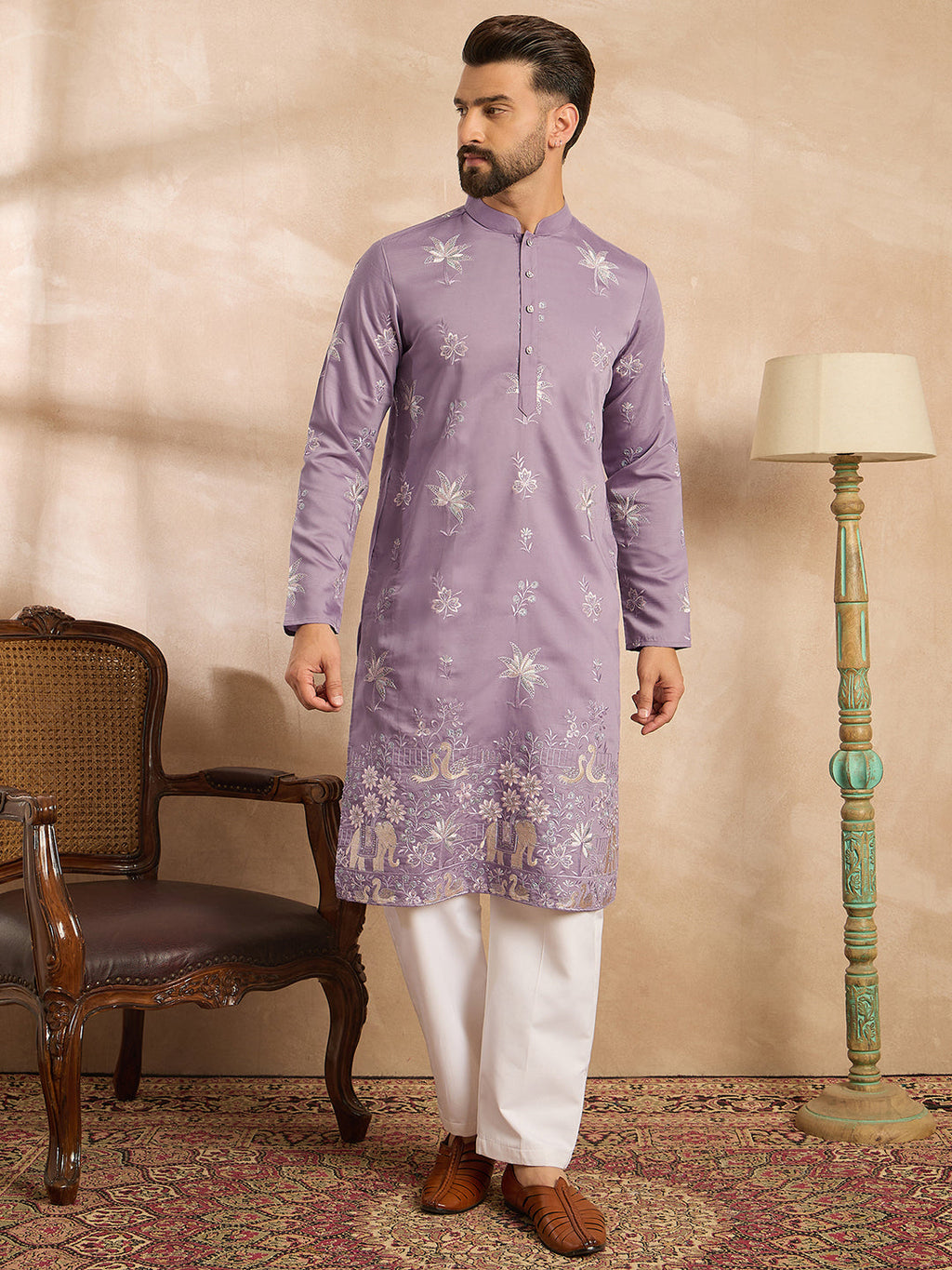 Men Lavender Silk Blend Solid Embroidered Straight Kurta-MKU1674