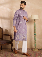 Men Lavender Silk Blend Solid Embroidered Straight Kurta-MKU1674
