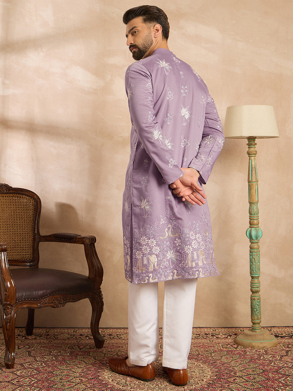 Men Lavender Silk Blend Solid Embroidered Straight Kurta-MKU1674