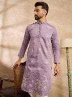 Men Lavender Silk Blend Solid Embroidered Straight Kurta-MKU1674