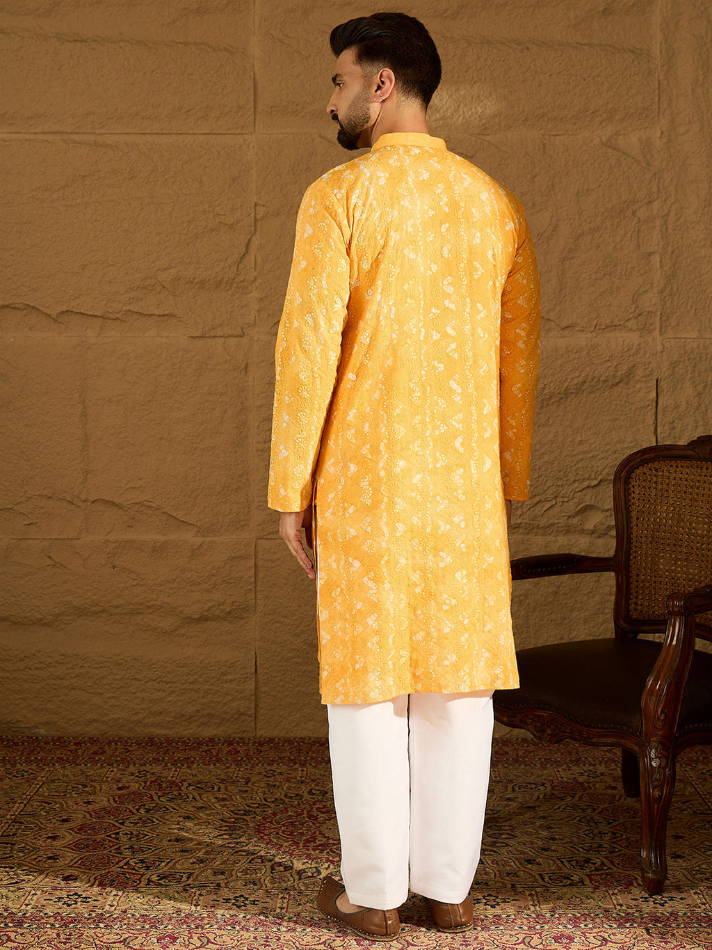 Men Yellow Cotton Batik Embroidered Straight Kurta-MKU1675