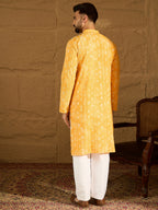 Men Yellow Cotton Batik Embroidered Straight Kurta-MKU1675