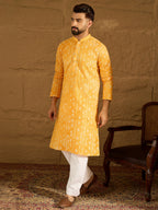 Men Yellow Cotton Batik Embroidered Straight Kurta-MKU1675