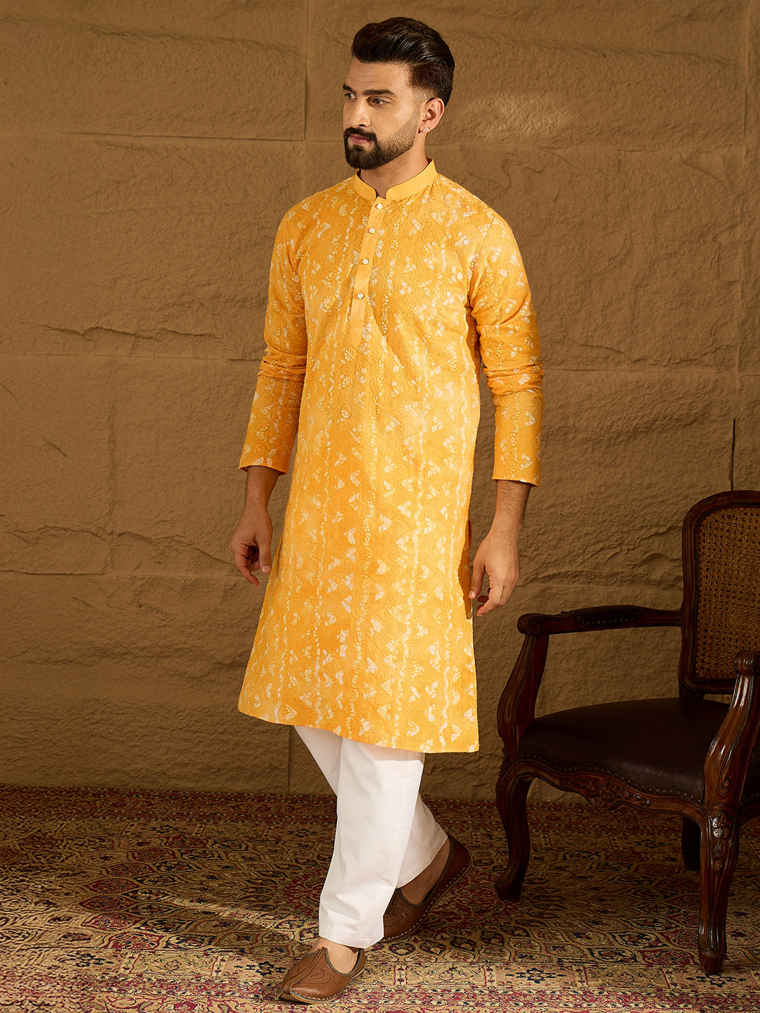Men Yellow Cotton Batik Embroidered Straight Kurta-MKU1675