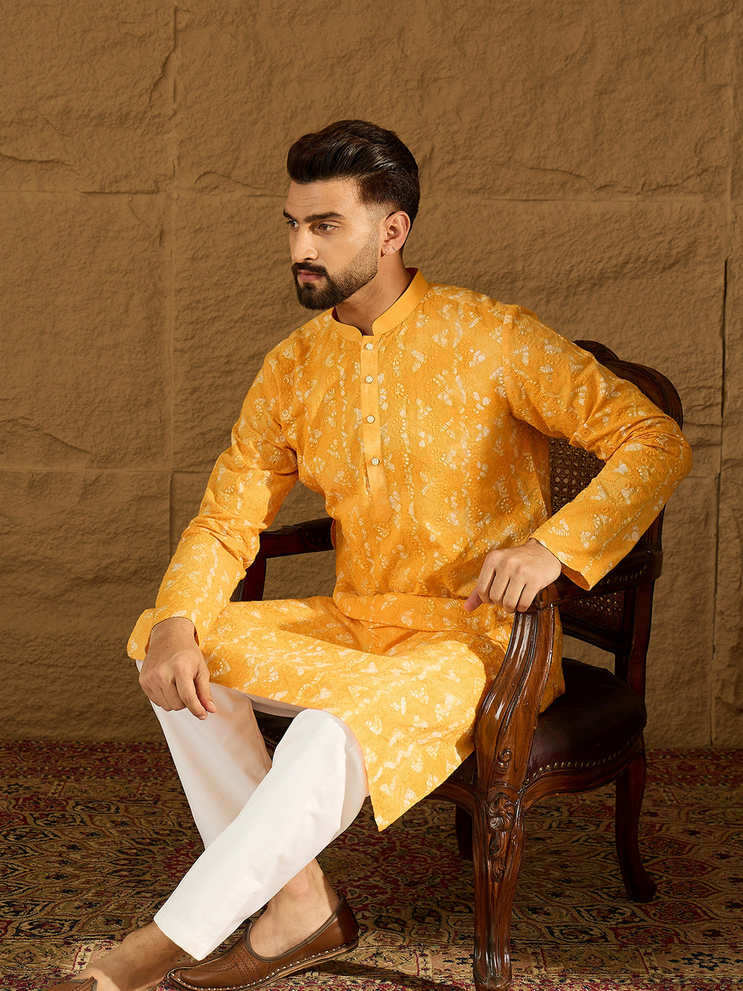 Men Yellow Cotton Batik Embroidered Straight Kurta-MKU1675