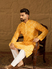 Men Yellow Cotton Batik Embroidered Straight Kurta-MKU1675