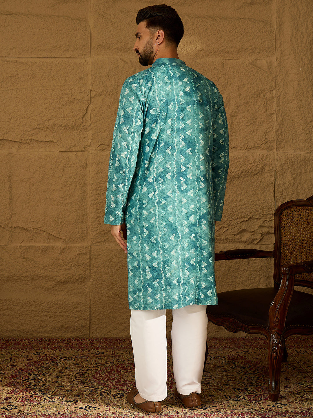 Men Blue Cotton Batik Embroidered Straight Kurta-MKU1676
