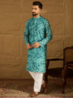 Men Blue Cotton Batik Embroidered Straight Kurta-MKU1676