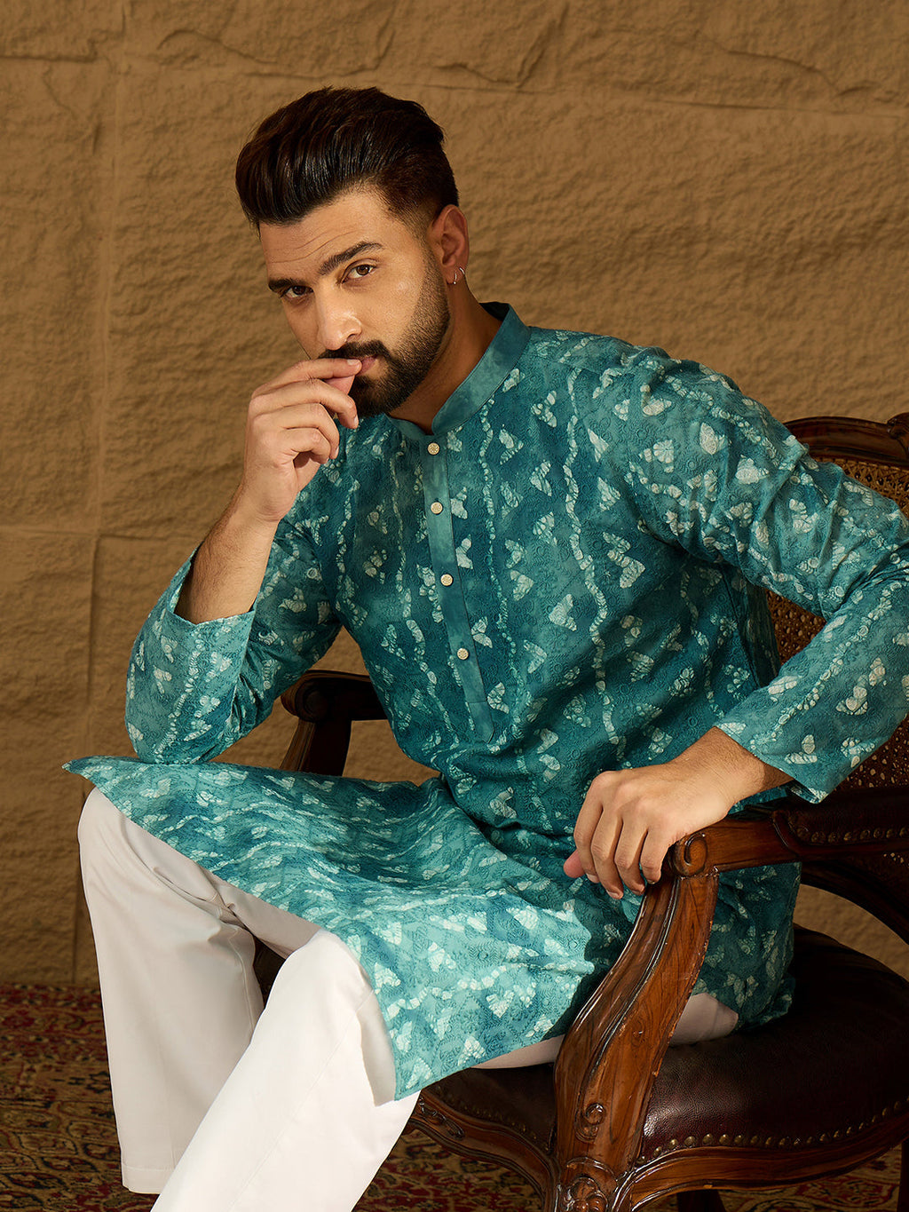 Men Blue Cotton Batik Embroidered Straight Kurta-MKU1676